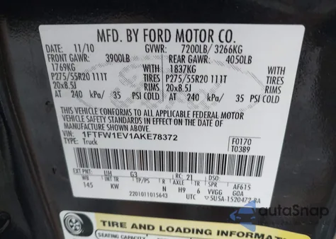 2010 Ford F-150 Fx4/Harley-Davidson/King Ranch/Lariat/Platinum/Xl/Xlt from USA, damaged, VIN 1FTFW1EV1AKE78372